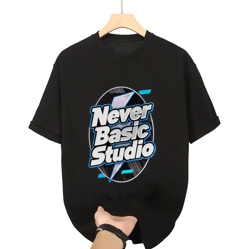 Custom "Never Basic Studio" Logo Tee – Personalized T - Shirt for Your Brand