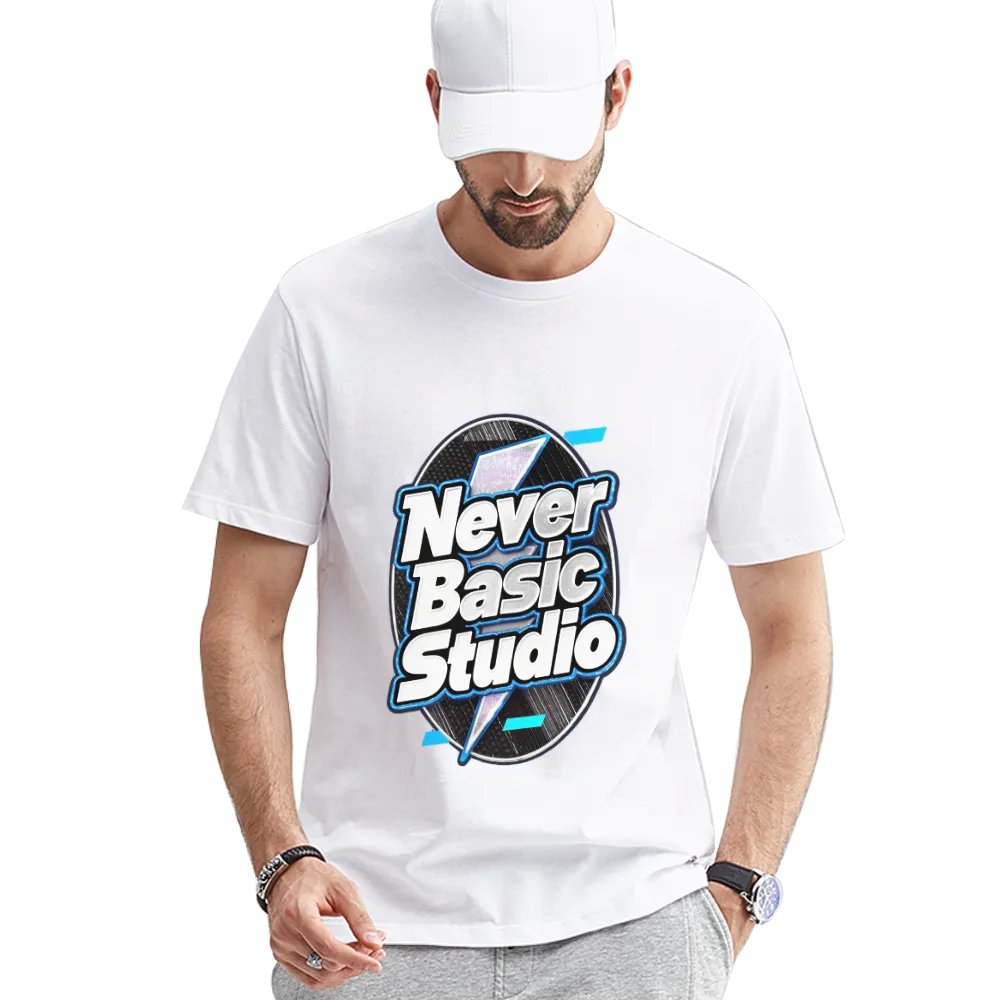 Custom "Never Basic Studio" Logo Tee – Personalized T - Shirt for Your Brand