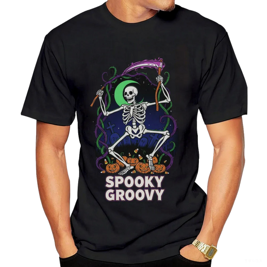 Halloween "Spooky Groovy" Dancing Skeleton Graphic Tee