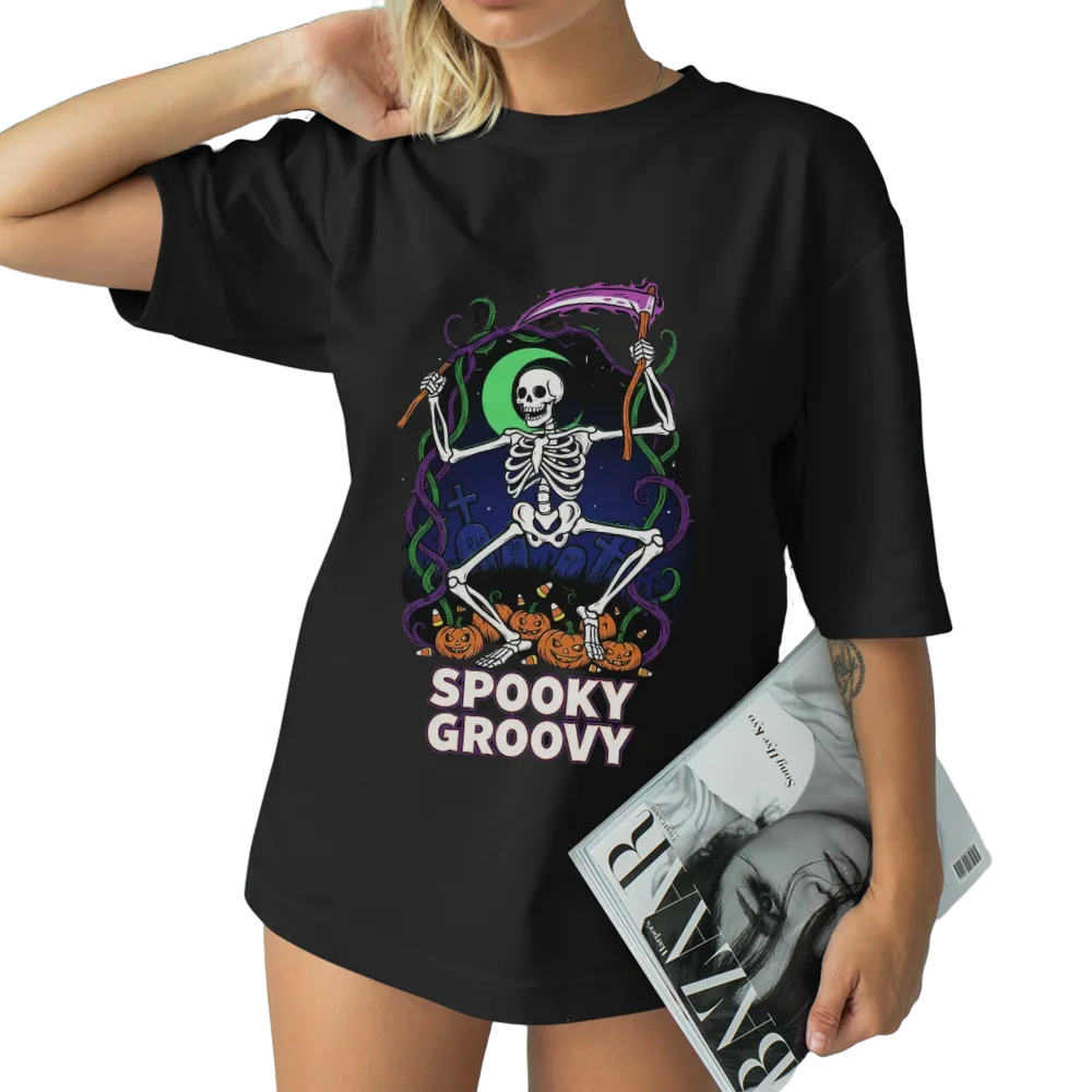 Halloween "Spooky Groovy" Dancing Skeleton Graphic Tee