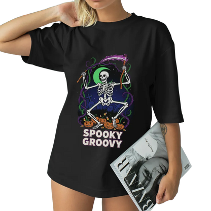 Halloween "Spooky Groovy" Dancing Skeleton Graphic Tee