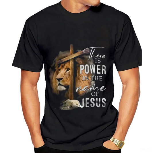 Christian Faith "Power in the Name of Jesus" Lion & Cross Graphic Tee