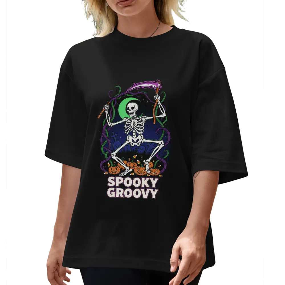 Halloween "Spooky Groovy" Dancing Skeleton Graphic Tee