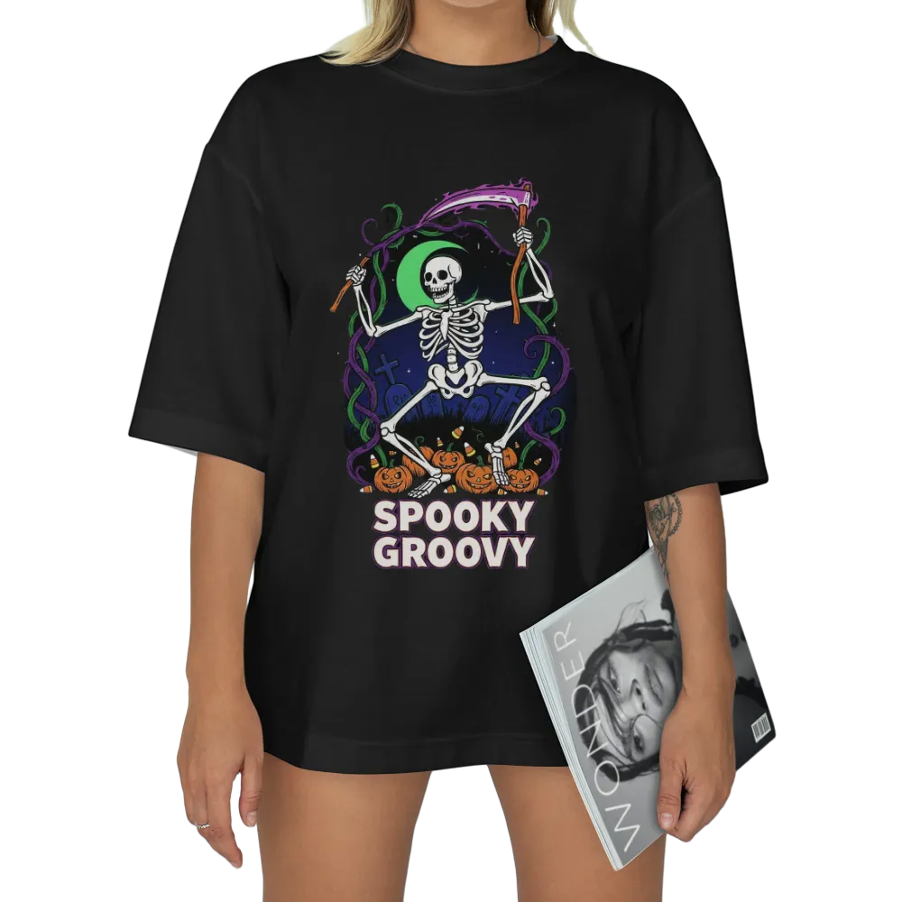 Halloween "Spooky Groovy" Dancing Skeleton Graphic Tee