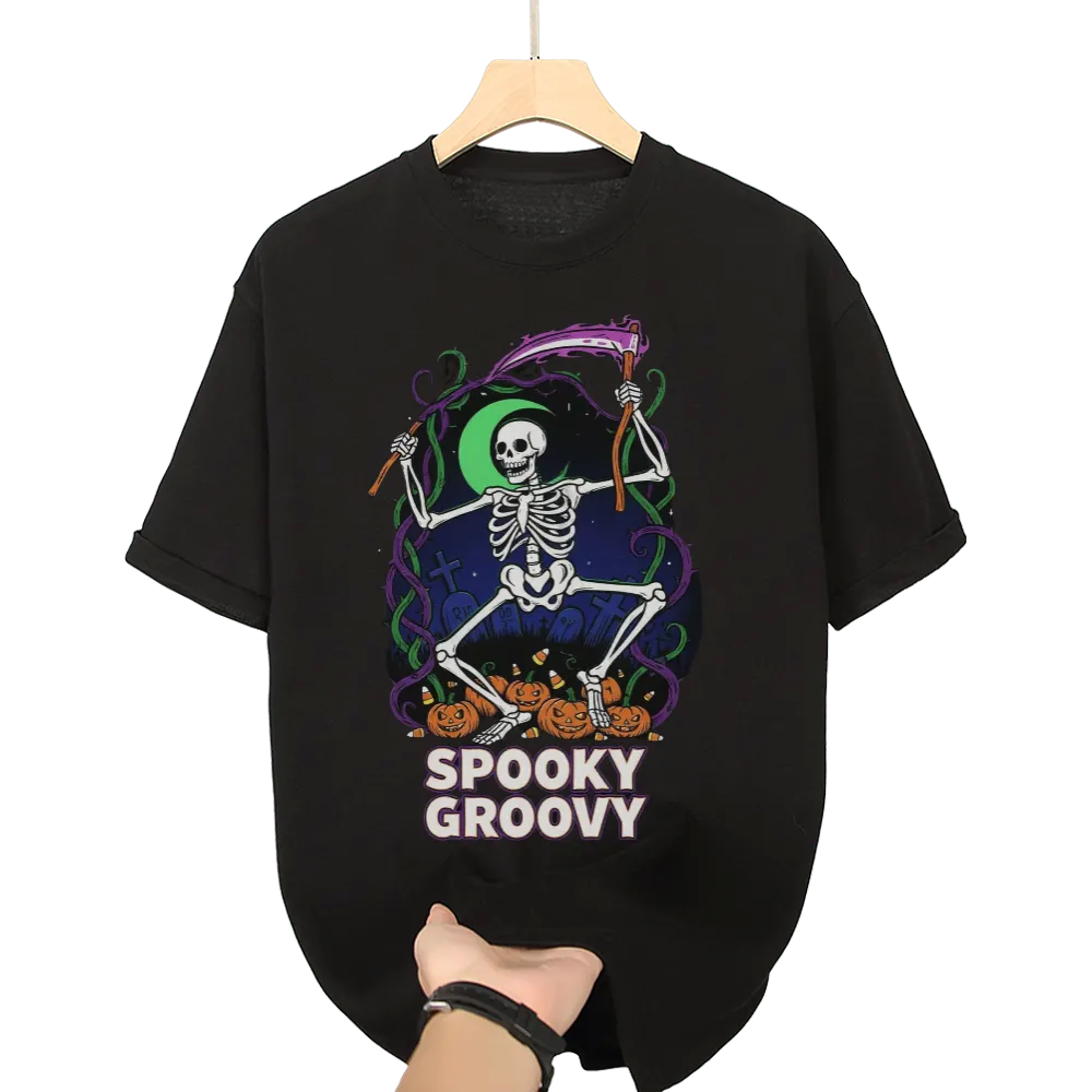 Halloween "Spooky Groovy" Dancing Skeleton Graphic Tee