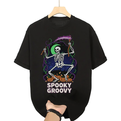 Halloween "Spooky Groovy" Dancing Skeleton Graphic Tee