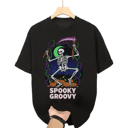 Halloween "Spooky Groovy" Dancing Skeleton Graphic Tee