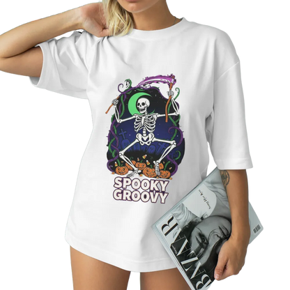 Halloween "Spooky Groovy" Dancing Skeleton Graphic Tee