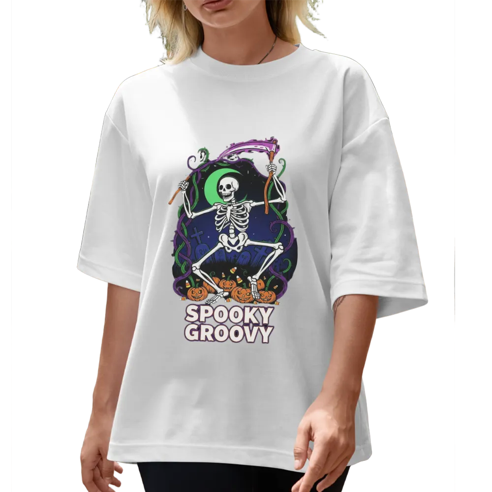 Halloween "Spooky Groovy" Dancing Skeleton Graphic Tee