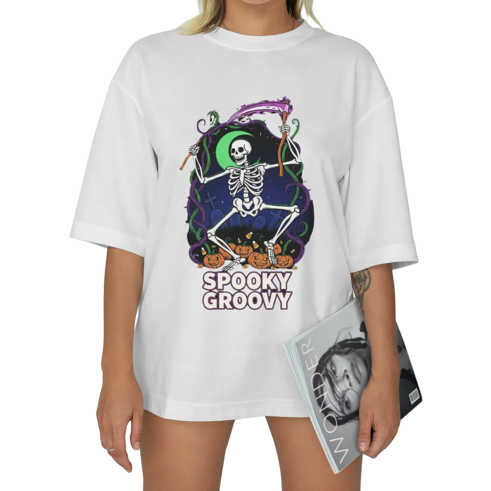 Halloween "Spooky Groovy" Dancing Skeleton Graphic Tee