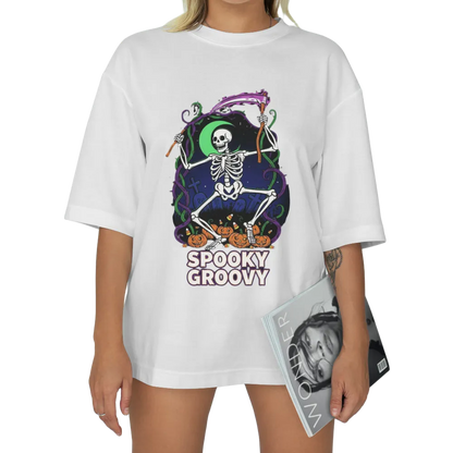 Halloween "Spooky Groovy" Dancing Skeleton Graphic Tee