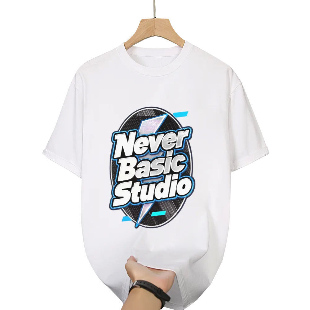 Custom "Never Basic Studio" Logo Tee – Personalized T - Shirt for Your Brand